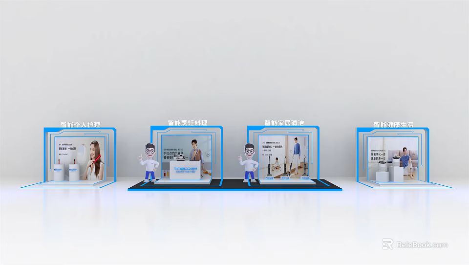 Modern Exhibition Display Booths Featuring Product Models And Staff Figures 3d model 