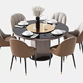 Elegant Round Dining Table Set With Six Beige Chairs Black Tabletop Tableware And Vase 3d model