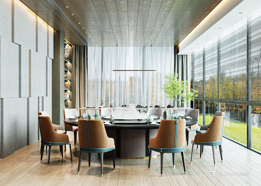 Modern Elegant Private Dining Room With Round Table Comfortable Chairs And Large Windows 3d model
