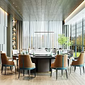 Modern Elegant Private Dining Room With Round Table Comfortable Chairs And Large Windows