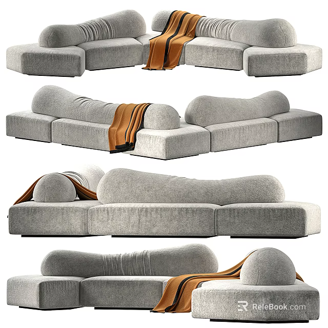 Modern Irregular-Shaped Sofa Interior Design With Gray Fabric Upholstery And Unique Curved Structure 3d model 