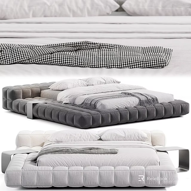 Modern Double Bed Design With Padded Velvet Gray Frame And White Bedding Linens 3d model 