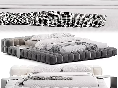 Modern Double Bed Design With Padded Velvet Gray Frame And White Bedding Linens 3d model