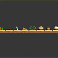 Cartoon Style Scene With Wooden Platform Row Holding Arranged Items Like Carrots Bread And Bowl