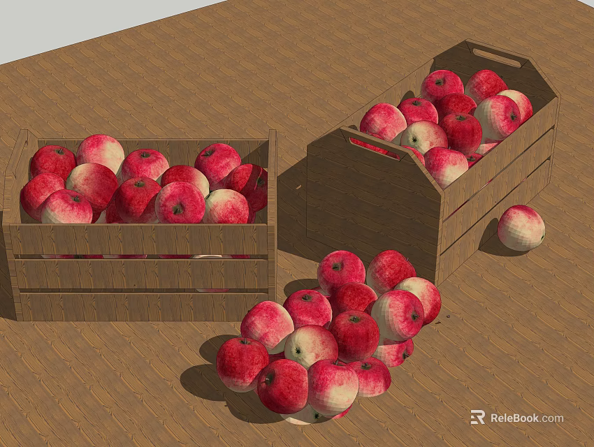 Fresh Red Apples Filled in Wooden Crates and Scattered on the Ground 3d model 
