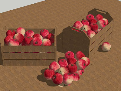 Fresh Red Apples Filled in Wooden Crates and Scattered on the Ground 3d model