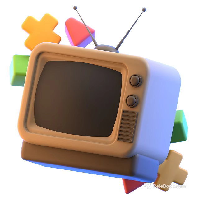 Retro Vintage TV Set Featuring Colorful Geometric Shapes And Surrounding Colorful Design Elements 3d model 