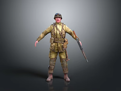 Military Soldier in Uniform with Rifle and Gear Standing Against Gray Background 3d model
