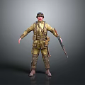 Military Soldier in Uniform with Rifle and Gear Standing Against Gray Background