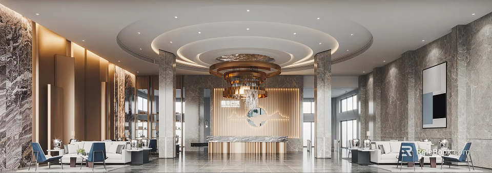 Luxurious Modern Front Desk Reception Lobby With Marble Countertop Wooden Wall And Chandelier 3d model 