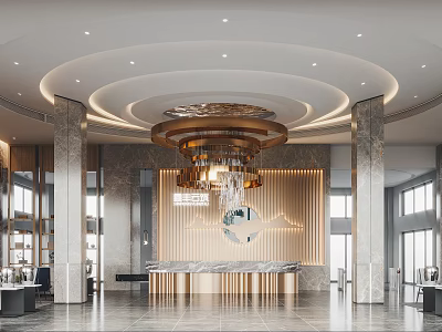 Luxurious Modern Front Desk Reception Lobby With Marble Countertop Wooden Wall And Chandelier 3d model