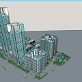 Modern High Rise Office Buildings With Glass Curtain Walls And Landscaped Trees