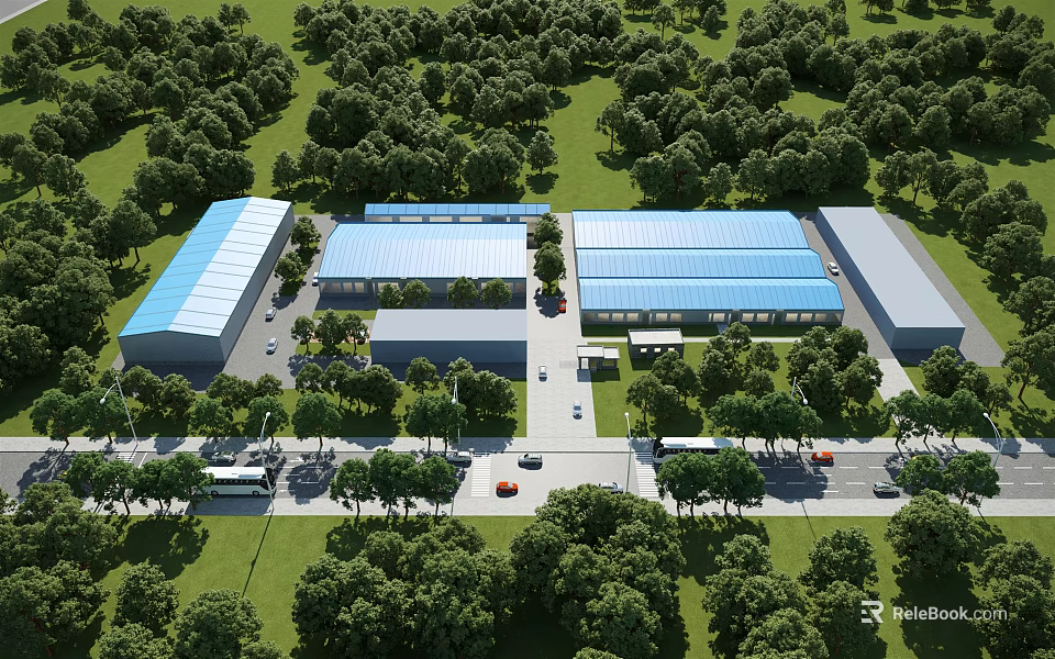 Industrial Factory Exterior With Blue Roof Green Trees And Lush Surroundings 3d model 