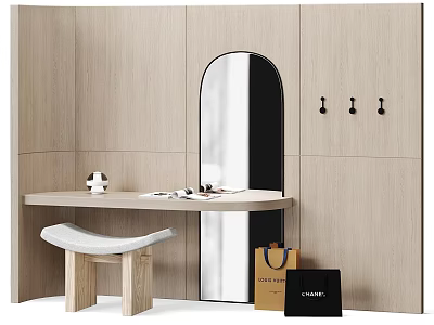 Modern Walk In Closet With Light Wood Paneling Arched Mirror Round Table And White Stool 3d model