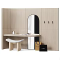 Modern Walk In Closet With Light Wood Paneling Arched Mirror Round Table And White Stool