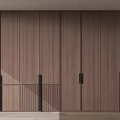Modern Minimalist Wooden Wardrobe with Vertical Lines and Black Handles Design