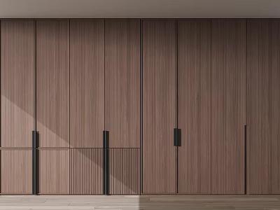 Modern Minimalist Wooden Wardrobe with Vertical Lines and Black Handles Design 3d model