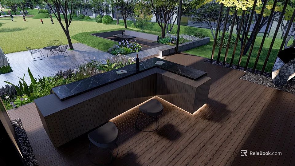 Modern Outdoor Pergola Design With Wooden Deck Black Stools And Ambient Lighting 3d model 
