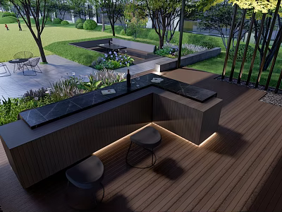 Modern Outdoor Pergola Design With Wooden Deck Black Stools And Ambient Lighting 3d model