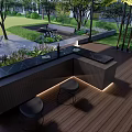 Modern Outdoor Pergola Design With Wooden Deck Black Stools And Ambient Lighting