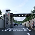 Modern Entrance Gate Design With Metal Structure Trees Road Pedestrians And Vehicles