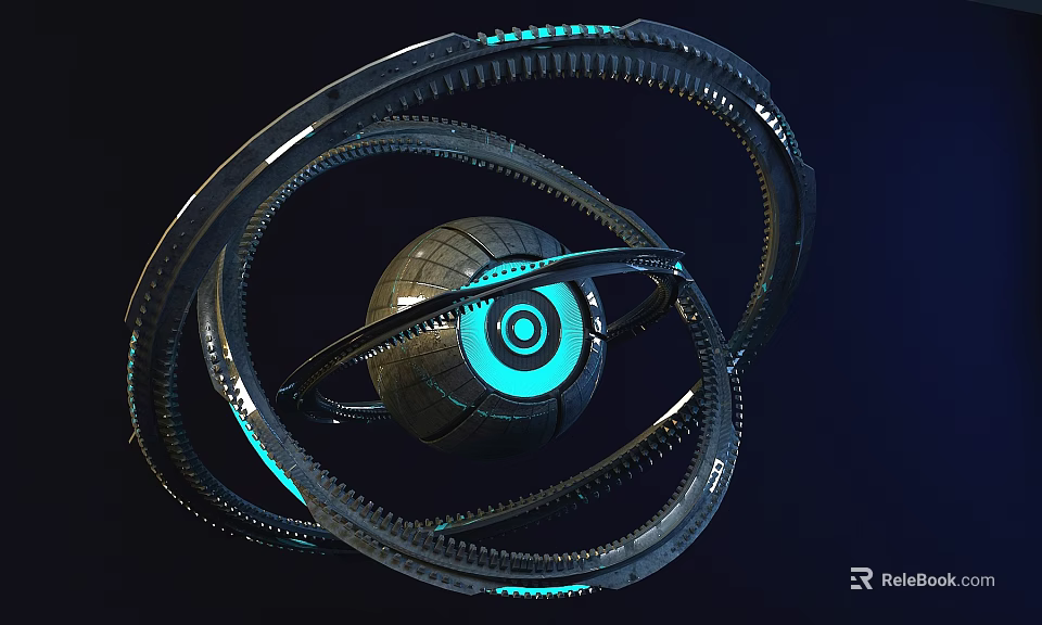 Futuristic Spherical Core Surrounded By Glowing Blue Ring Structures 3d model