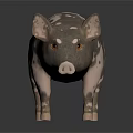 Realistic Standing Pig With Black And White Spots And Yellow Eyes On Dark Background
