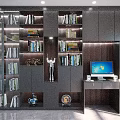 Modern Dark Wood Bookshelf with Open Shelves and Decorative Items in Home Office Study Room