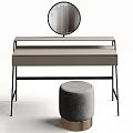 Modern Dressing Table With Black Metal Frame Gray Tabletop Round Mirror And Stool 3d model