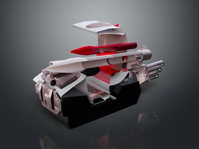 Futuristic Armored Mechanical Device With Red White Structure And Multiple Barrels 3d model