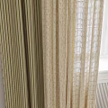Simple Interior Window Curtains With Outer Dark Green Striped And Inner Beige Grid Sheer 3d model