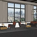 Cozy Lounge Area With Large Windows City View Sofa Armchairs Coffee Tables Golden Pendant Light