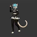 Game Movie Character With Blue Hair Cat Ears White Tail And Black Outfit Waving Pose