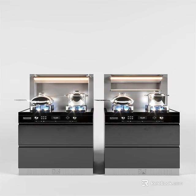 Modern Kitchen Appliances with Built in Stove Range Hood LED Lighting and Black Design 3d model 