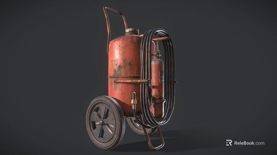 Red Wheeled Fire Extinguisher Equipment With Metal Tank And Coiled Hose 3d model 