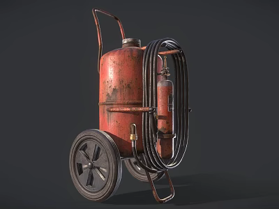 Red Wheeled Fire Extinguisher Equipment With Metal Tank And Coiled Hose 3d model