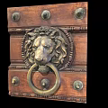 Vintage Brass Lion Head Door Knocker On Wooden Door Panel With Decorative Metal Rivets