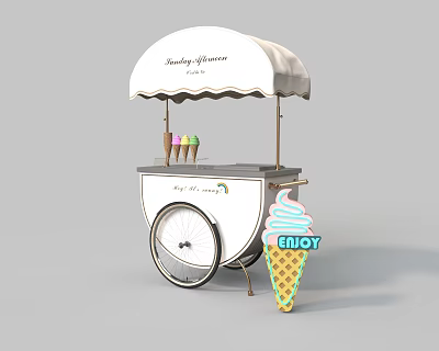 Colorful Ice Cream Cart With White Canopy Sunny Dreams Ice Cream Sign And ENJOY Logo 3d model