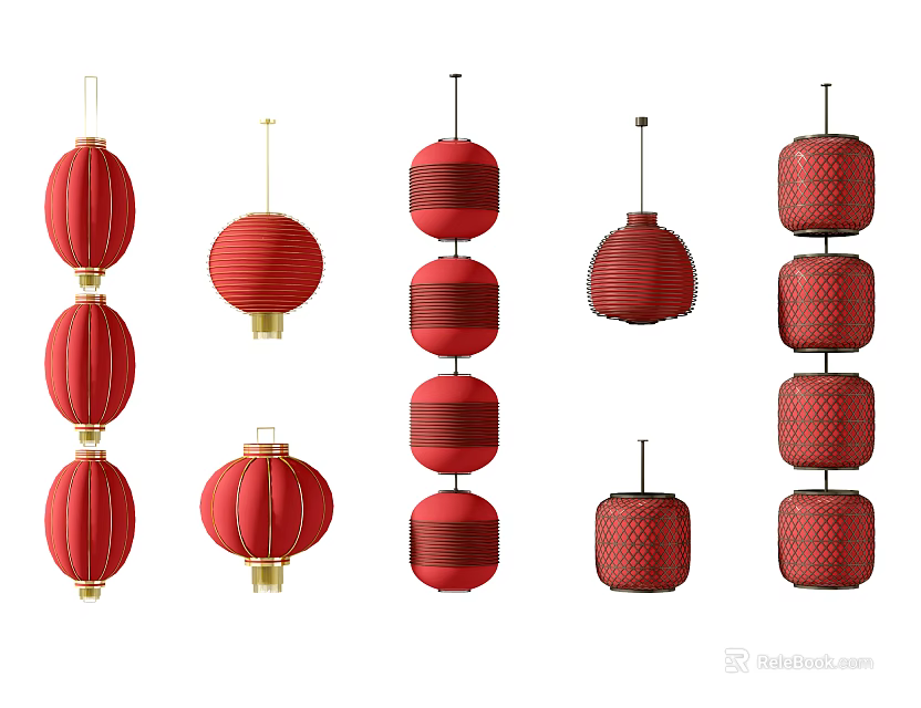 Traditional Red Chinese Lanterns With Various Hanging Designs And Decorative Textures 3d model 