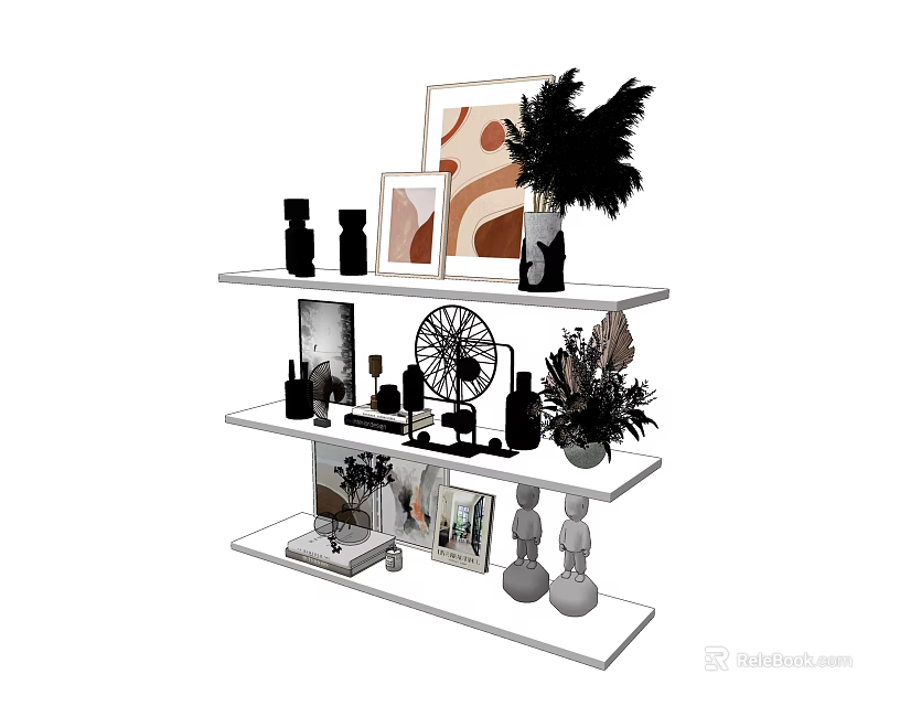 Modern Decorative Ornament Set with Picture Frames Vases and Plant Decor on Three Tiered Shelf 3d model 