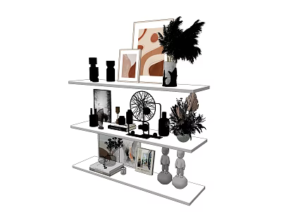 Modern Decorative Ornament Set with Picture Frames Vases and Plant Decor on Three Tiered Shelf 3d model