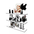 Modern Decorative Ornament Set with Picture Frames Vases and Plant Decor on Three Tiered Shelf