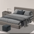 Light Colored Double Bed With Nightstands Table Lamp Pillows Striped Blanket Stool And Rug 3d model