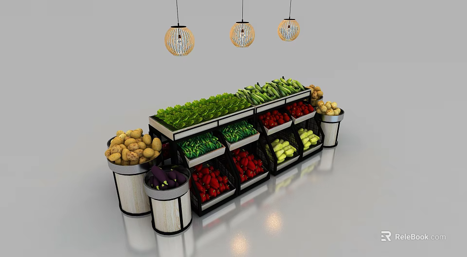 Retail Display Shelves Showcasing Fresh Vegetables and Colorful Fruits with Hanging Pendant Lights 3d model 