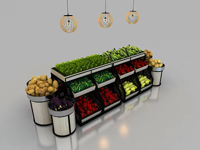 Retail Display Shelves Showcasing Fresh Vegetables and Colorful Fruits with Hanging Pendant Lights 3d model