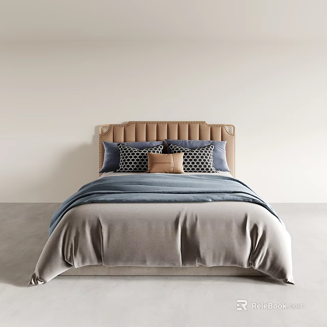 Elegant Double Bed Interior With Brown Upholstered Headboard And Blue Gray Bedding 3d model