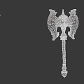 Mythical Ornate Weapon With Bat Like Wings Glowing Orange Core And Wrapped Wooden Handle