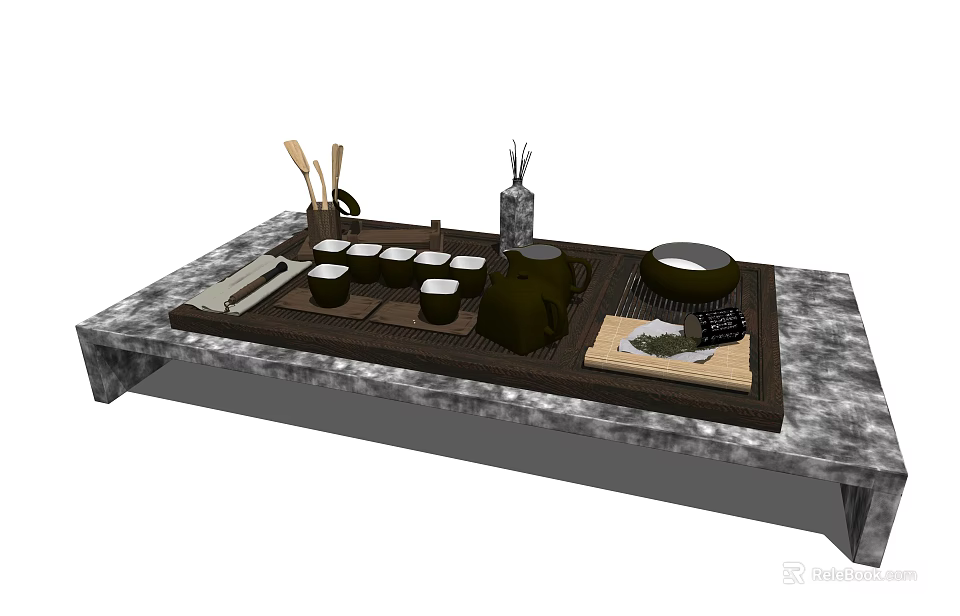 Traditional Tea Set with Teapot Teacups Utensils on Wooden Tea Tray and Marble Tabletop 3d model 