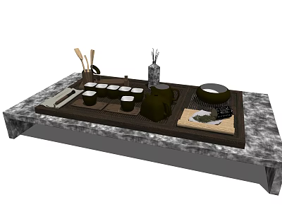 Traditional Tea Set with Teapot Teacups Utensils on Wooden Tea Tray and Marble Tabletop 3d model