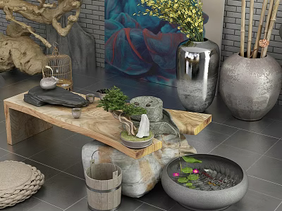 Zen Style Natural Wooden Tea Table Set With Water Feature Lotus And Green Plants 3d model
